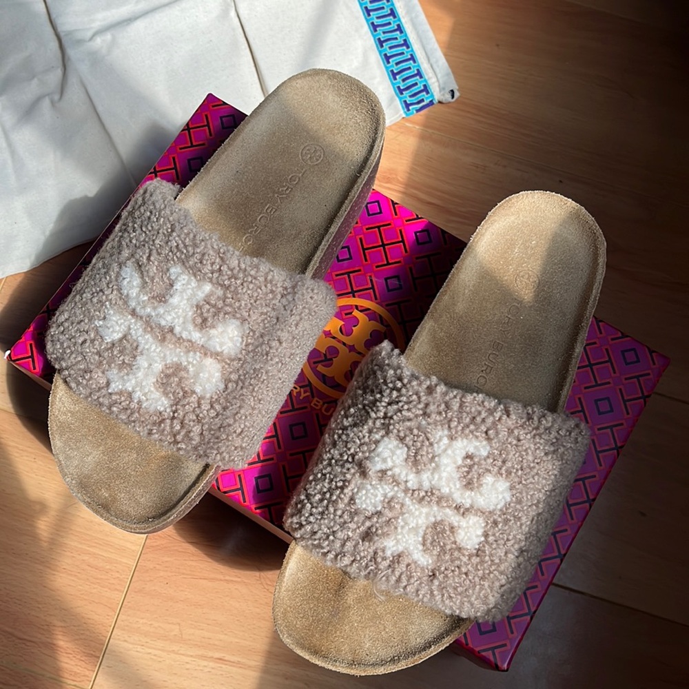 Tory Burch Double T Shearling Flatform Cork slides.